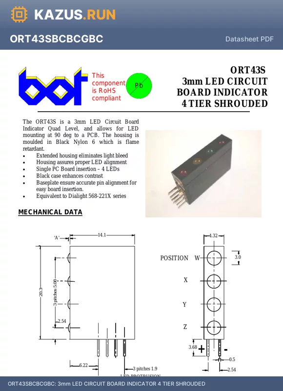 ORT43SOROO datasheet - 3mm LED CIRCUIT BOARD INDICATOR 4 TIER SHROUDED