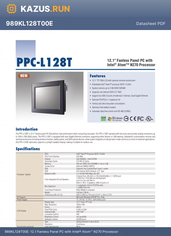 PPC-L126STAND datasheet - 12.1 Fanless Panel PC with Intel^ Atom N270 Processor