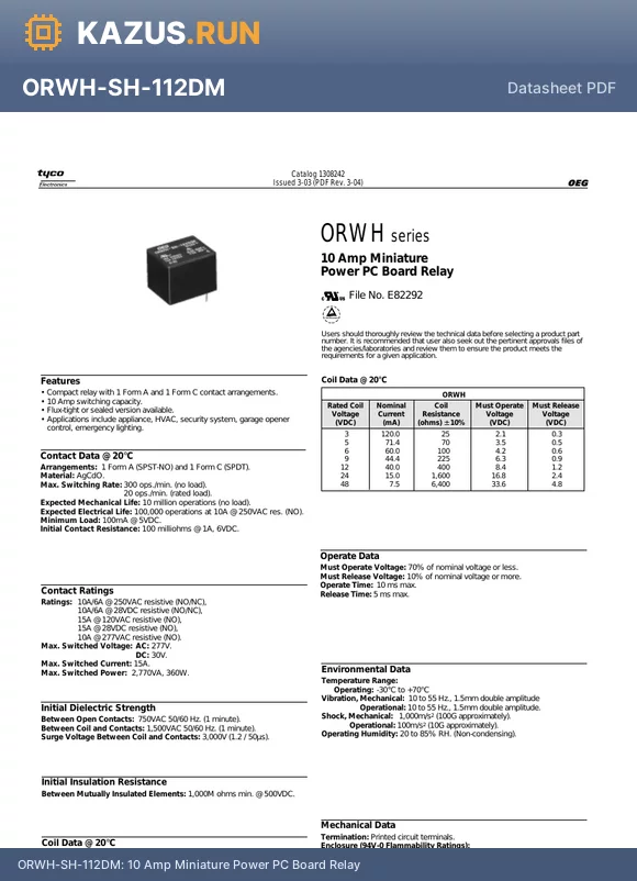 ORWHSS112DMN000 datasheet - 10 Amp Miniature Power PC Board Relay