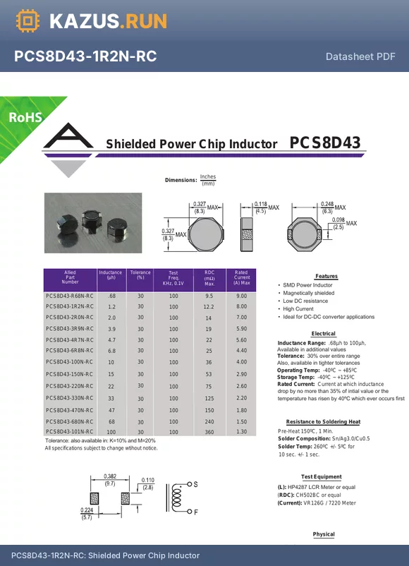 PCS8D43-R68N-RC datasheet - Shielded Power Chip Inductor