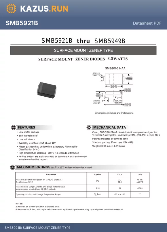 SMB5923B datasheet - SURFACE MOUNT ZENER TYPE