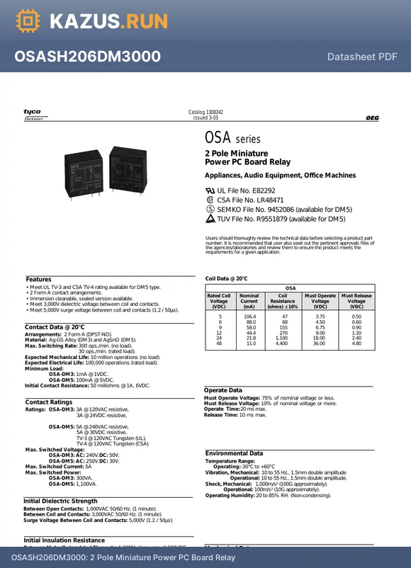 OSASS209DM5 datasheet - 2 Pole Miniature Power PC Board Relay