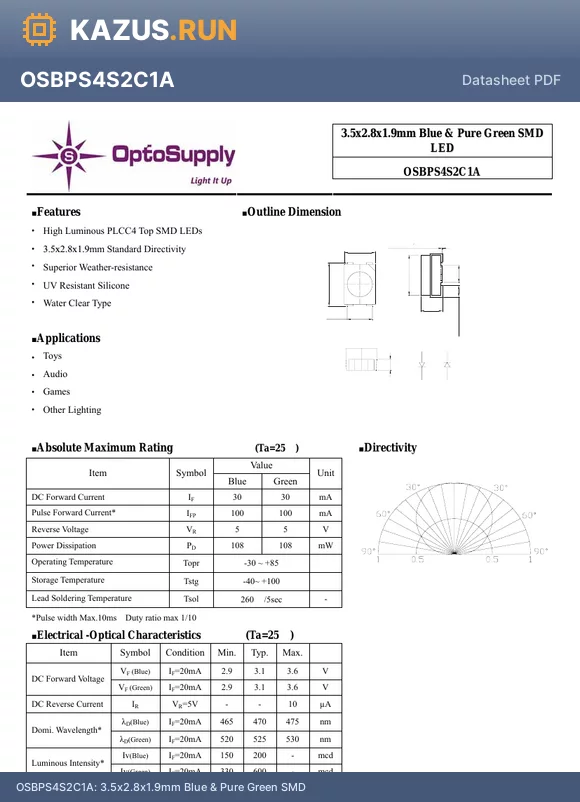OSBPS4S2C1A datasheet - 3.5x2.8x1.9mm Blue & Pure Green SMD
