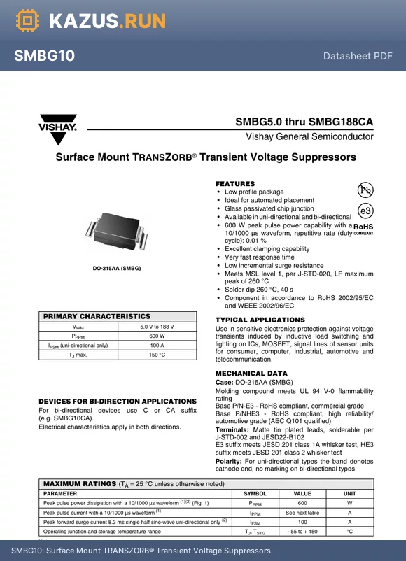 SMBG43 datasheet - Surface Mount TRANSZORB^ Transient Voltage Suppressors
