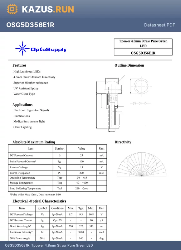 OSG5D356E1R datasheet - Tpower 4.8mm Straw Pure Green LED