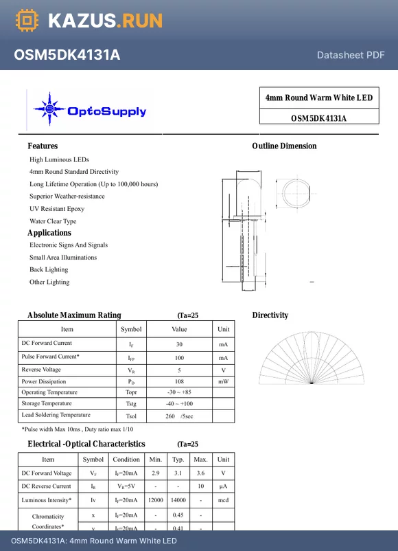 OSM5DK4131A datasheet - 4mm Round Warm White LED