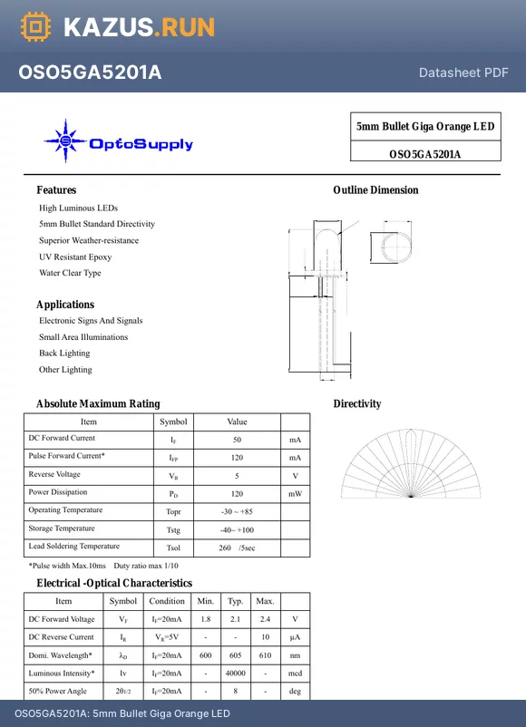 OSO5GA5201A datasheet - 5mm Bullet Giga Orange LED
