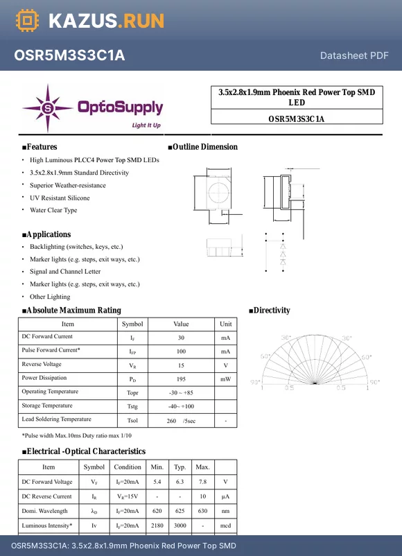 OSR5M3S3C1A datasheet - 3.5x2.8x1.9mm Phoenix Red Power Top SMD