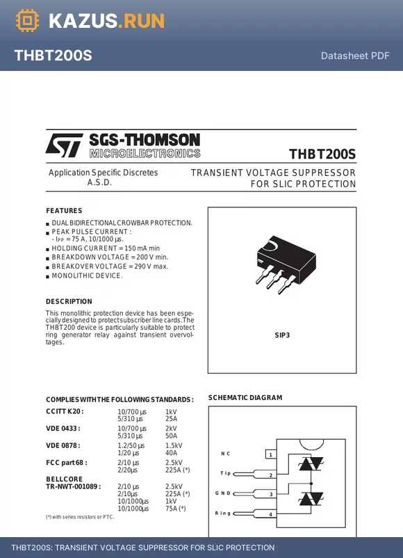 THBT200 datasheet - TRANSIENT VOLTAGE SUPPRESSOR FOR SLIC PROTECTION