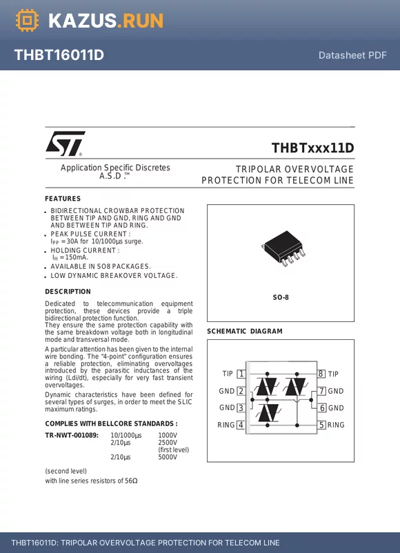 THBT20011D datasheet - TRIPOLAR OVERVOLTAGE PROTECTION FOR TELECOM LINE