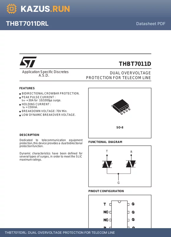 THBT7011D datasheet - DUAL OVERVOLTAGE PROTECTION FOR TELECOM LINE