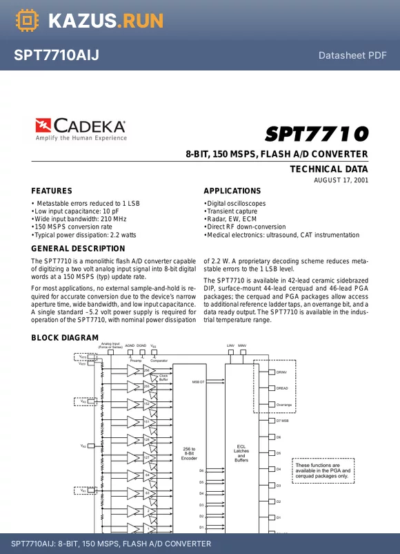 SPT7710AIG datasheet - 8-BIT, 150 MSPS, FLASH A/D CONVERTER