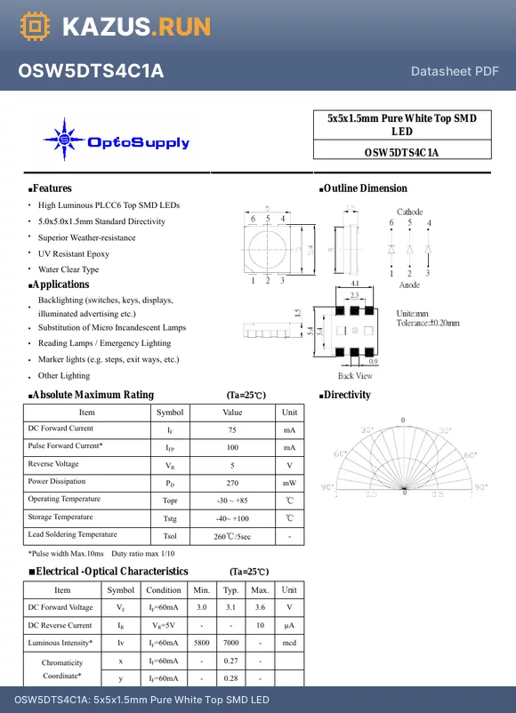 OSW5DTS4C1A datasheet - 5x5x1.5mm Pure White Top SMD LED