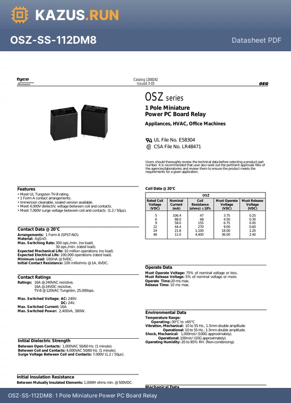 OSZSS106DM8000 datasheet - 1 Pole Miniature Power PC Board Relay