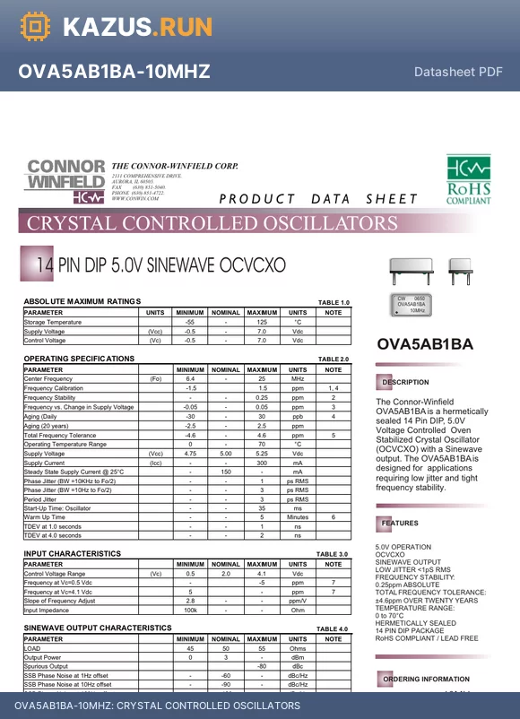 OVA5AB1BA datasheet - CRYSTAL CONTROLLED OSCILLATORS