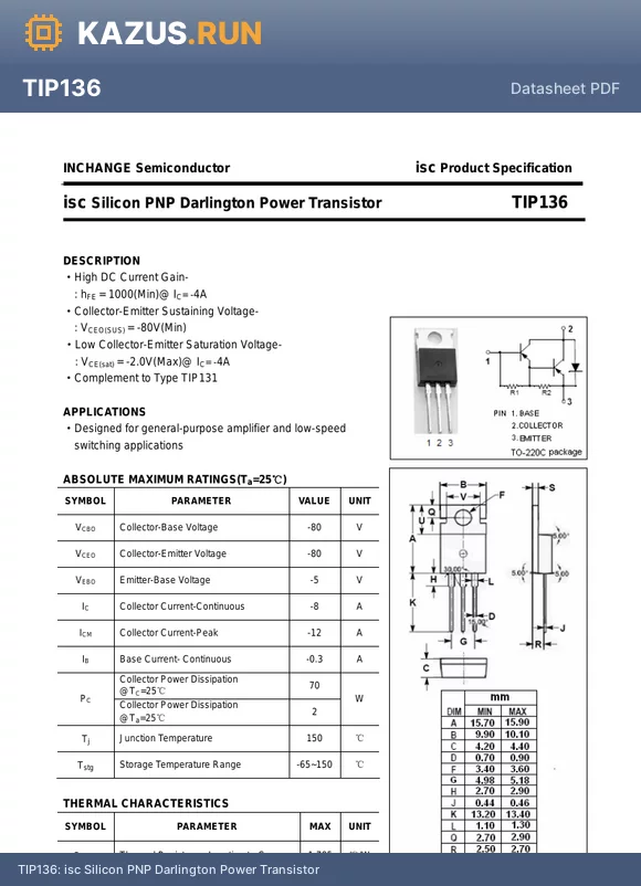 TIP136 datasheet - isc Silicon PNP Darlington Power Transistor