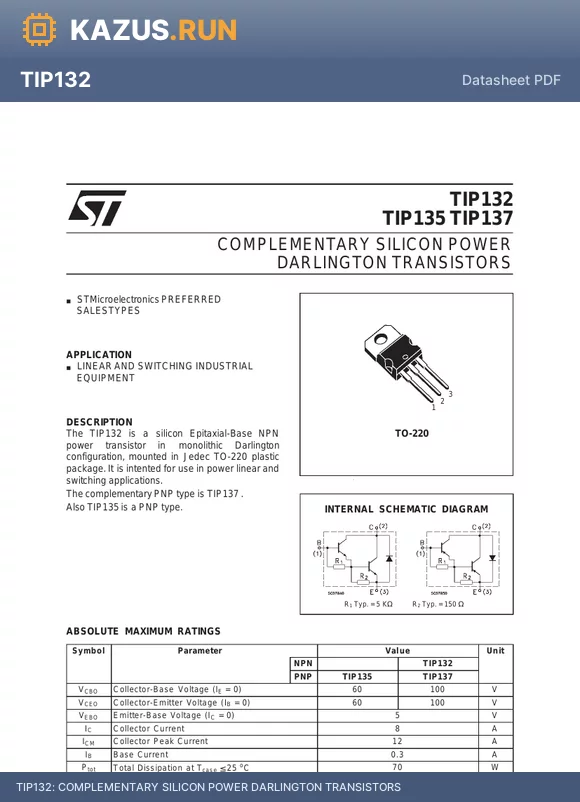 TIP137 datasheet - COMPLEMENTARY SILICON POWER DARLINGTON TRANSISTORS