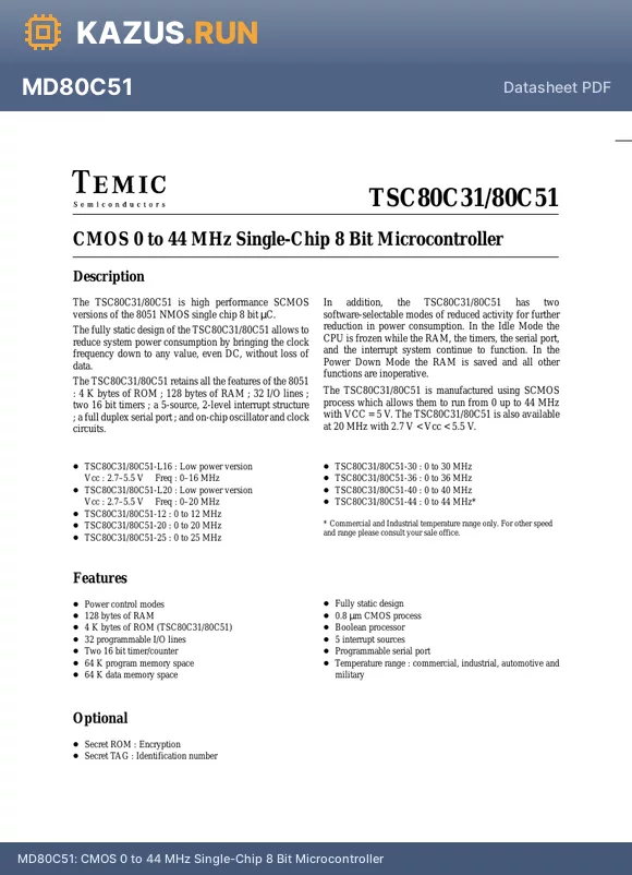TSC80C51-L16MDR/883 datasheet - CMOS 0 to 44 MHz Single-Chip 8 Bit Microcontroller