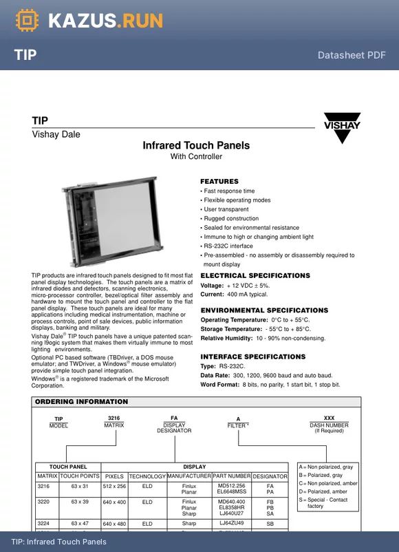TIP3224FBA datasheet - Infrared Touch Panels