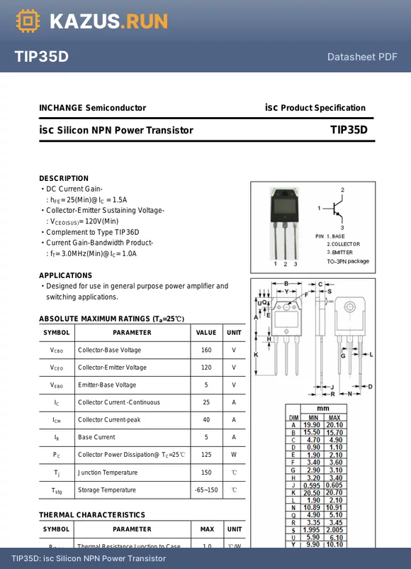 TIP35D datasheet - isc Silicon NPN Power Transistor