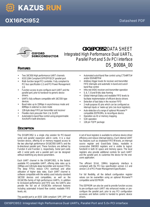OX16PCI952 datasheet - Integrated High Performance Dual UARTs, Parallel Port and 5.0v PCI interface