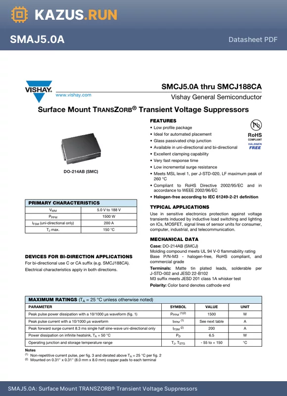 SMCJ110A datasheet - Surface Mount TRANSZORB^ Transient Voltage Suppressors