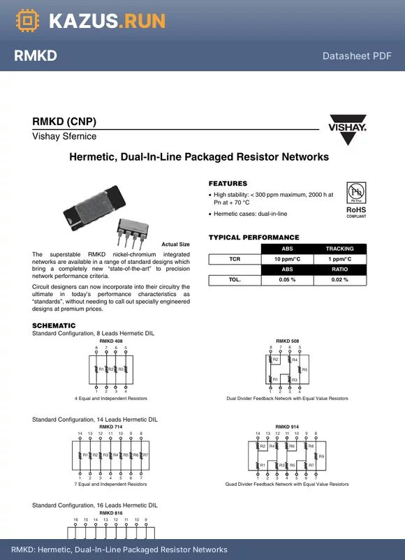RMKD914-100RBP datasheet - Hermetic, Dual-In-Line Packaged Resistor Networks