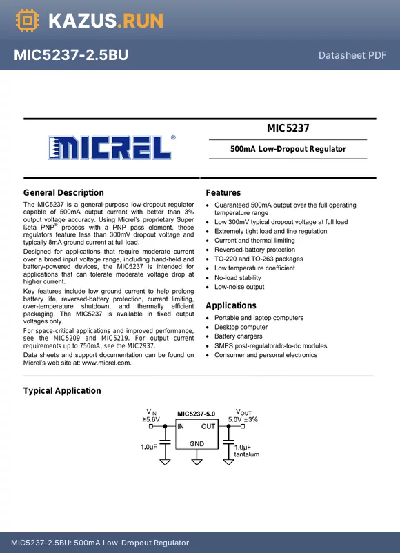 MIC5237-5.0BU datasheet - 500mA Low-Dropout Regulator
