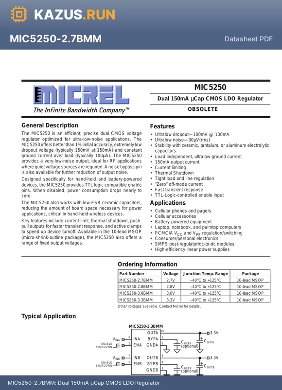 MIC5250-3.3BMM datasheet - Dual 150mA lCap CMOS LDO Regulator