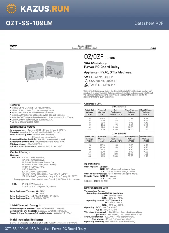 OZ-SH-109DP200 datasheet - 16A Miniature Power PC Board Relay