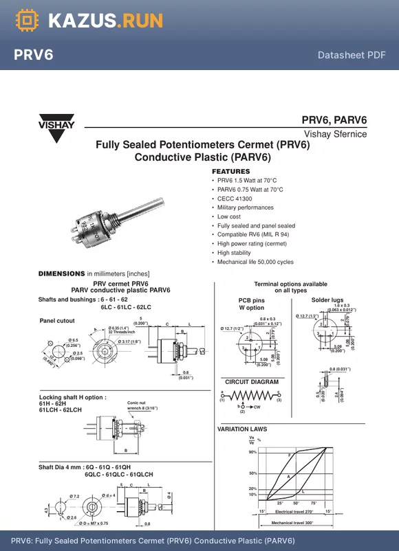 PRVS61QLHE datasheet - Fully Sealed Potentiometers Cermet (PRV6) Conductive Plastic (PARV6)