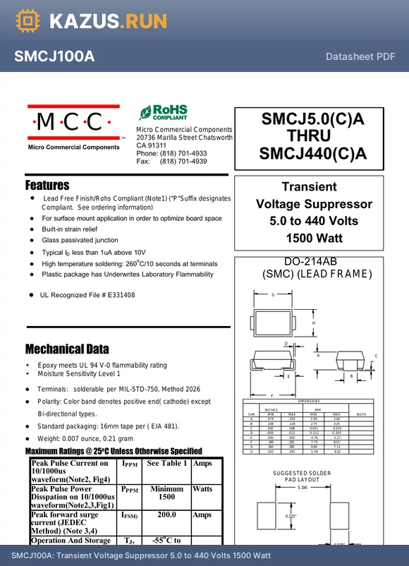 SMCJ40A datasheet - Transient Voltage Suppressor 5.0 to 440 Volts 1500 Watt