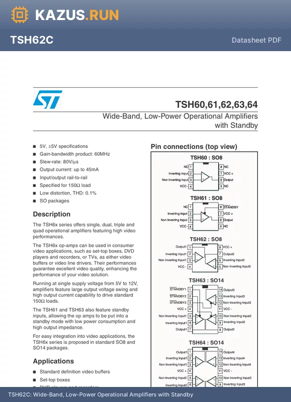 TSH62CD datasheet - Wide-Band, Low-Power Operational Amplifiers with Standby