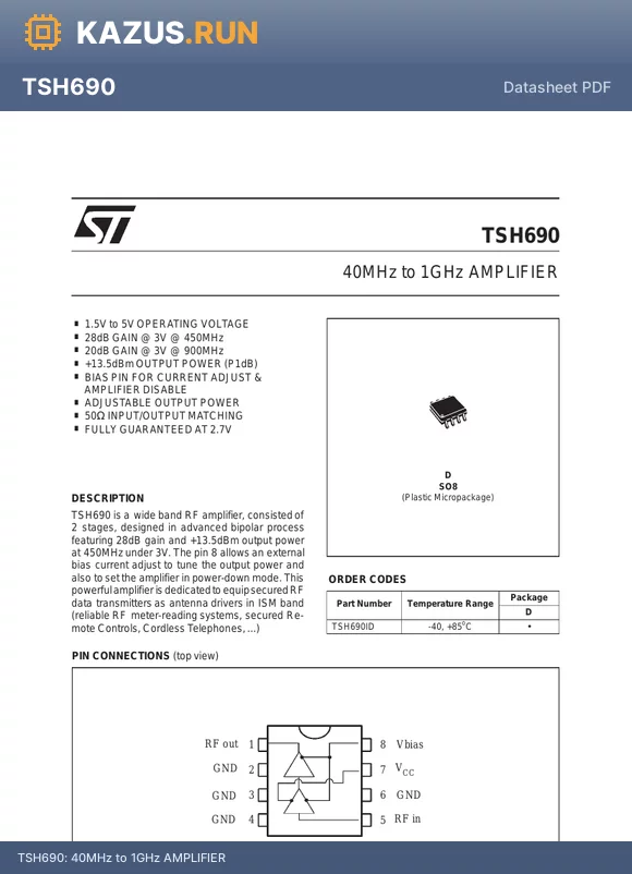 TSH690 datasheet - 40MHz to 1GHz AMPLIFIER