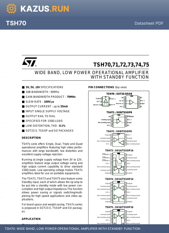 TSH70 datasheet - WIDE BAND, LOW POWER OPERATIONAL AMPLIFIER WITH STANDBY FUNCTION