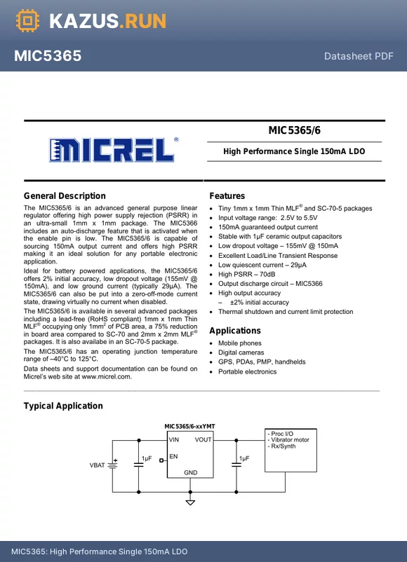 MIC5366-2.0YC5 datasheet - High Performance Single 150mA LDO