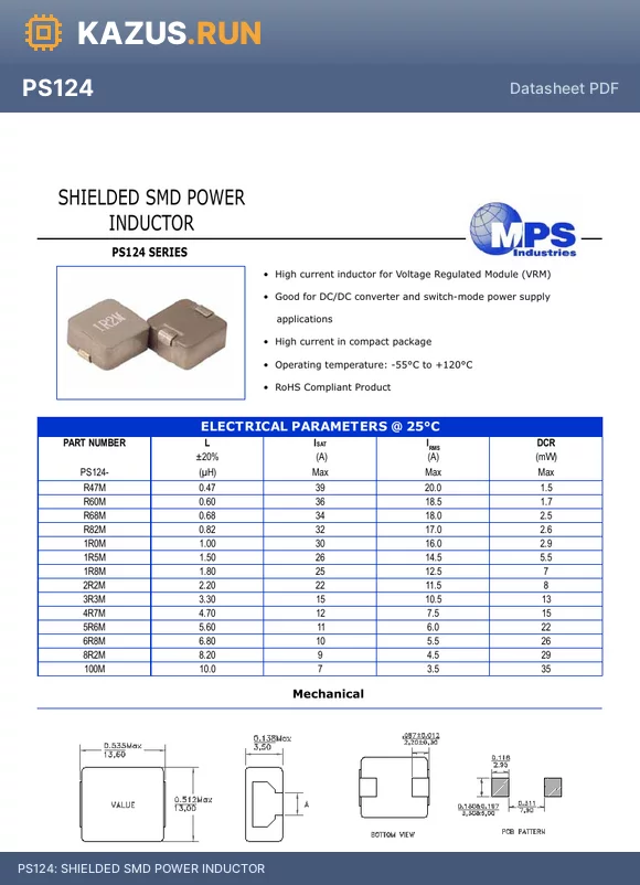 PS124-R47M datasheet - SHIELDED SMD POWER INDUCTOR