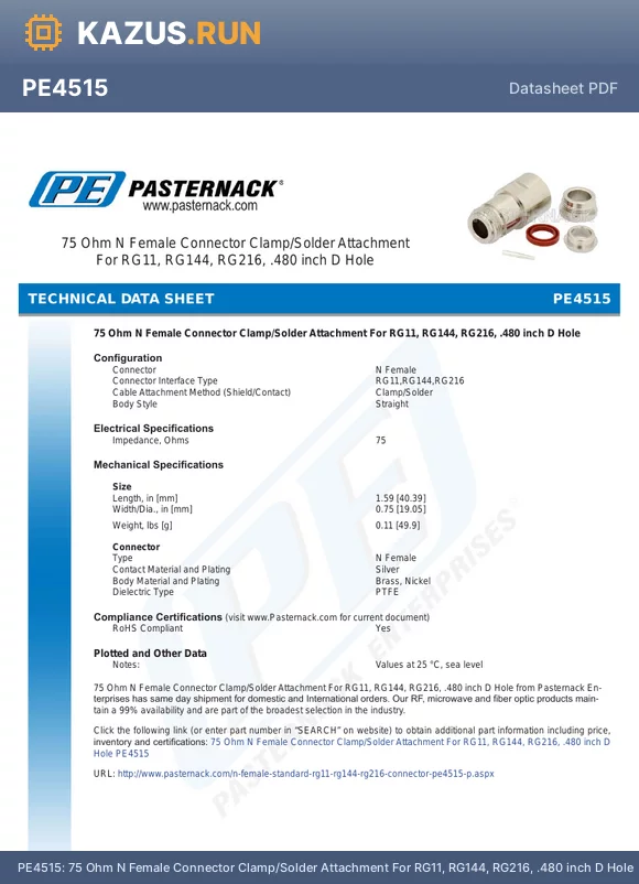 PE4515 datasheet - 75 Ohm N Female Connector Clamp/Solder Attachment For RG11, RG144, RG216, .480 inch D Hole