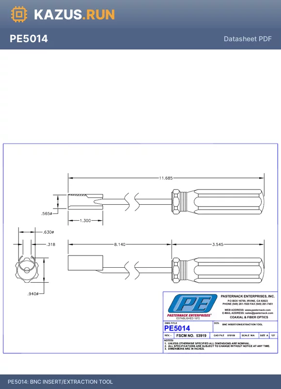 PE5014 datasheet - BNC INSERT/EXTRACTION TOOL