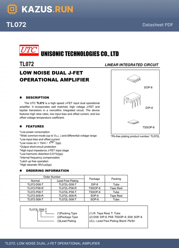 TL072L-S08-R datasheet - LOW NOISE DUAL J-FET OPERATIONAL AMPLIFIER