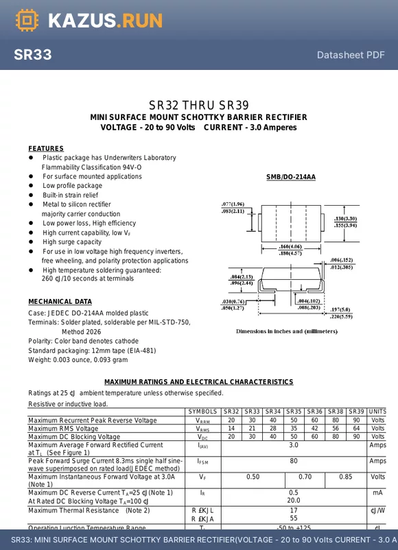 SR34 datasheet - MINI SURFACE MOUNT SCHOTTKY BARRIER RECTIFIER(VOLTAGE - 20 to 90 Volts CURRENT - 3.0 Amperes)