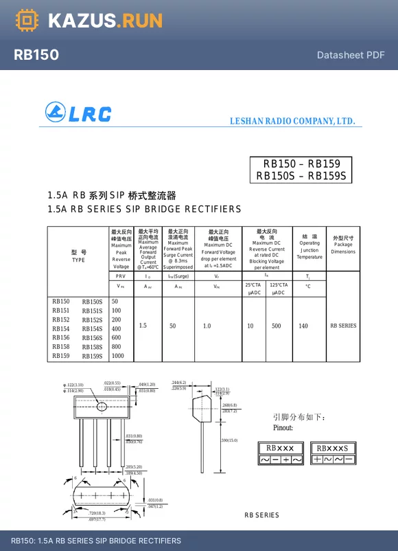 RB152S datasheet - 1.5A RB SERIES SIP BRIDGE RECTIFIERS