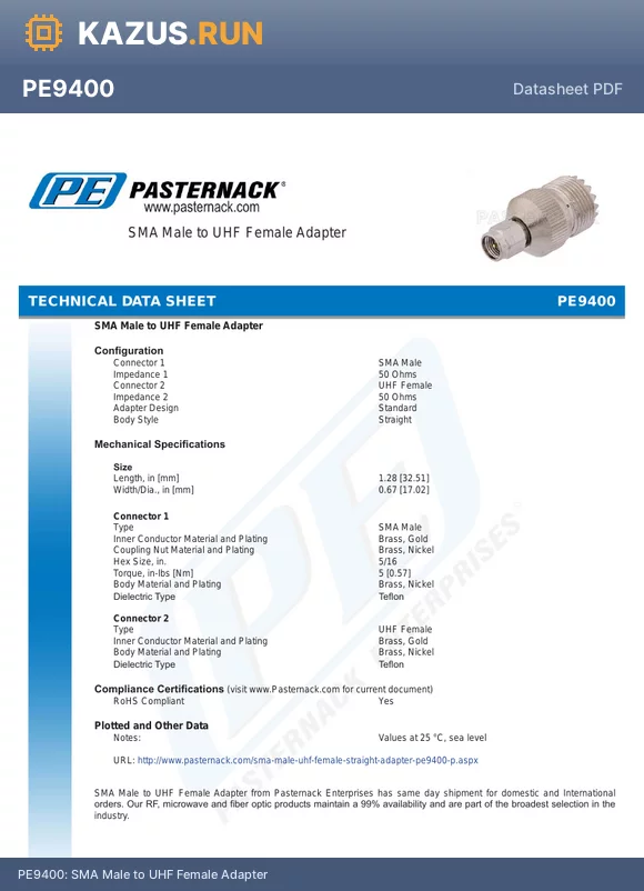 PE9400 datasheet - SMA Male to UHF Female Adapter