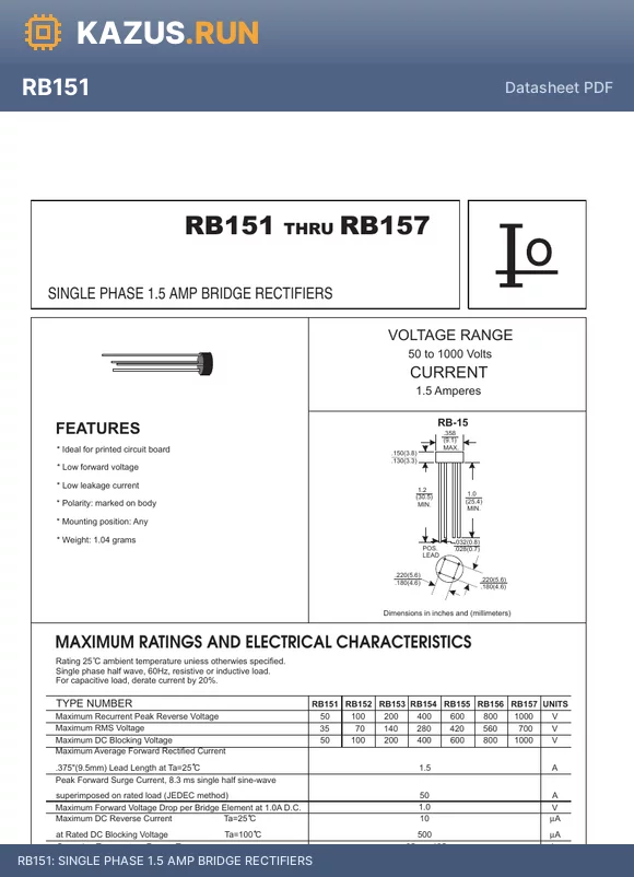 RB153 datasheet - SINGLE PHASE 1.5 AMP BRIDGE RECTIFIERS