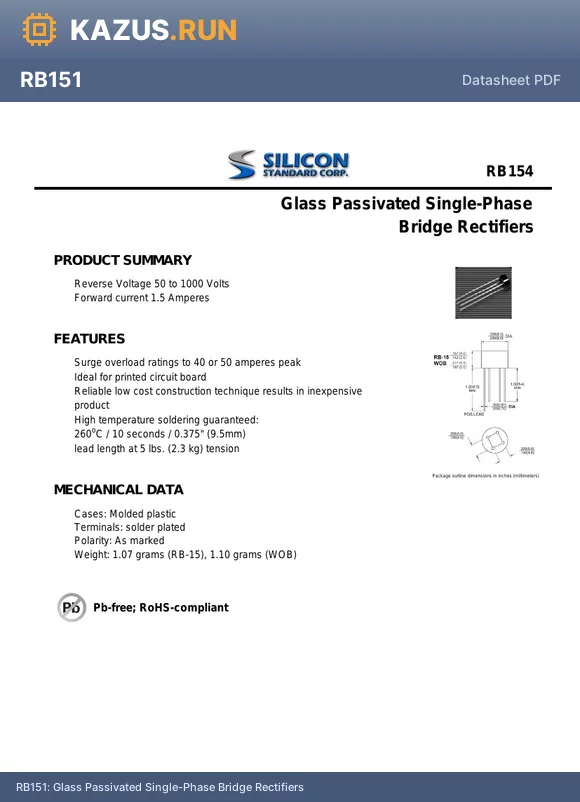 RB154 datasheet - Glass Passivated Single-Phase Bridge Rectifiers