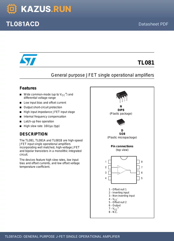 TL081IN datasheet - GENERAL PURPOSE J-FET SINGLE OPERATIONAL AMPLIFIER