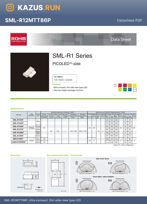SML-R13BWT87P datasheet - Ultra compact, thin side-view type LED