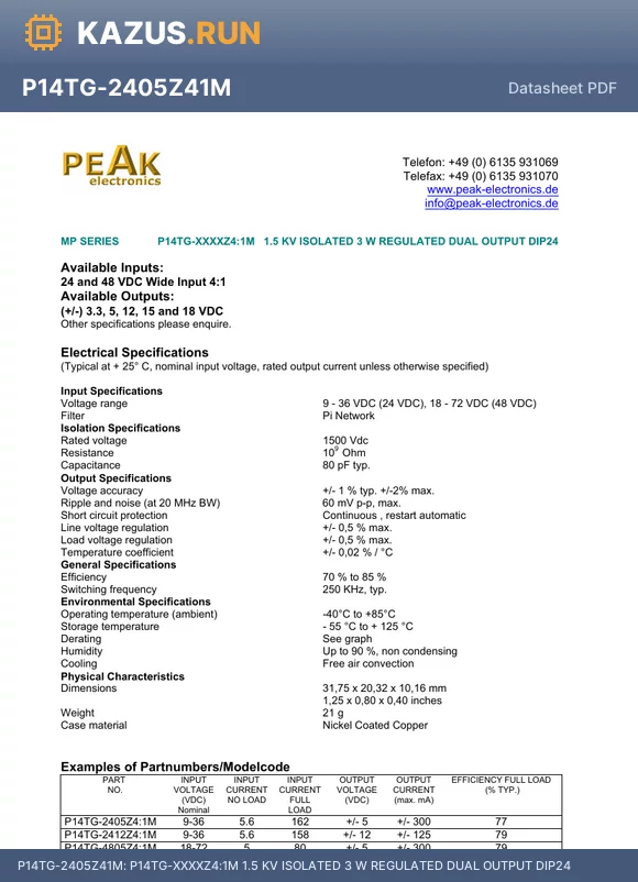 P14TG-2405Z41M datasheet - P14TG-XXXXZ4:1M 1.5 KV ISOLATED 3 W REGULATED DUAL OUTPUT DIP24