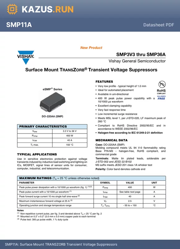 SMP33 datasheet - Surface Mount TRANSZORB Transient Voltage Suppressors