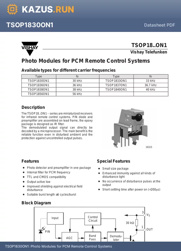 TSOP1838ON1 datasheet - Photo Modules for PCM Remote Control Systems